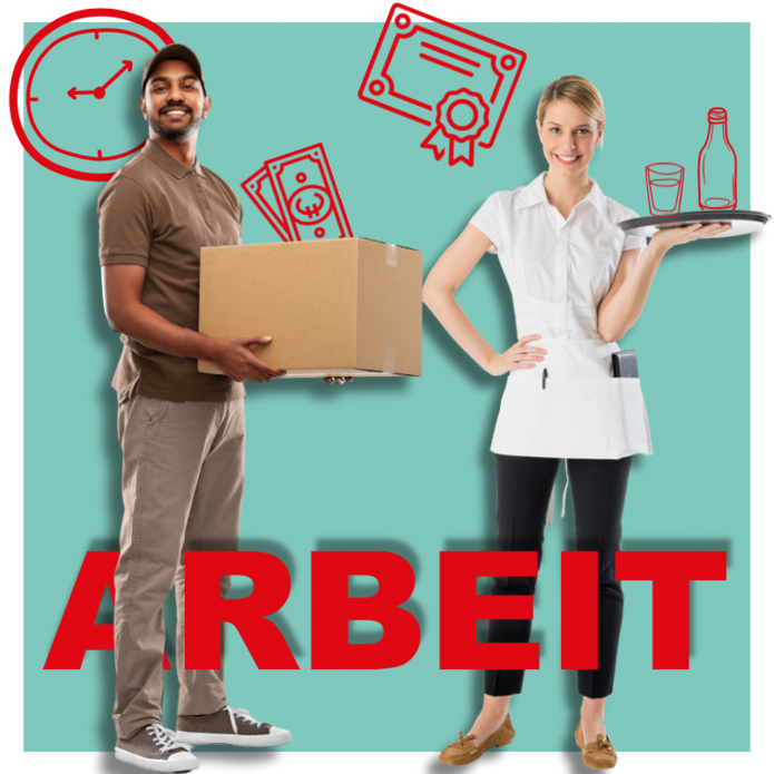 Ein junger Mann mit einem Paket und eine junge Frau mit einem Tablett